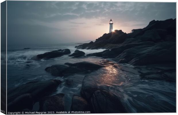 Long exposure of a rocky coast with a lighthouse on it created w Canvas Print by Michael Piepgras