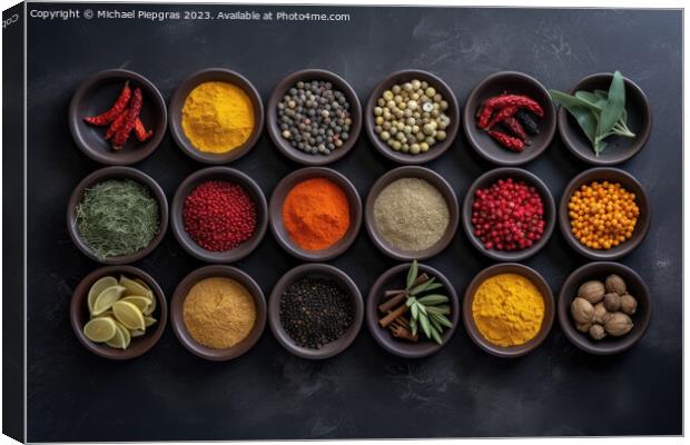 View from above of numerous spices in small bowls on a dark slate plate with copy space created with generative AI technology. Canvas Print by Michael Piepgras