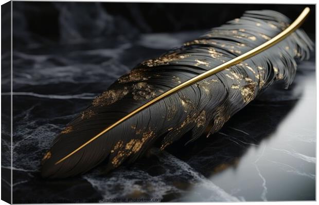 A black feather with golden elements created with generative AI  Canvas Print by Michael Piepgras