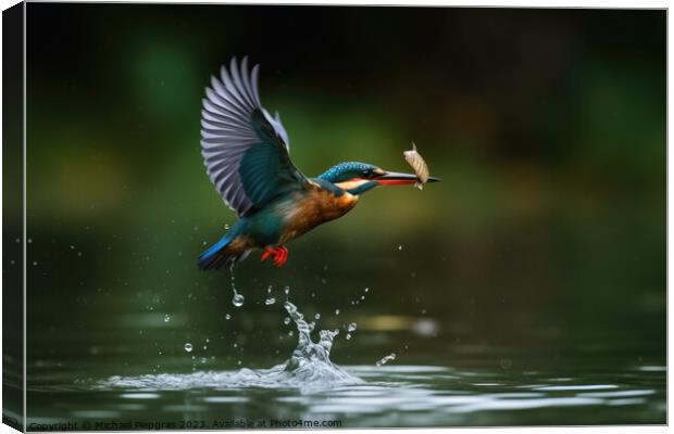A colorful kingfisher in flight catching a fish from a lake crea Canvas Print by Michael Piepgras