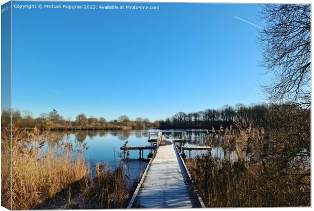 Beautiful landscape on a jetty by a lake with blue sky. Canvas Print by Michael Piepgras