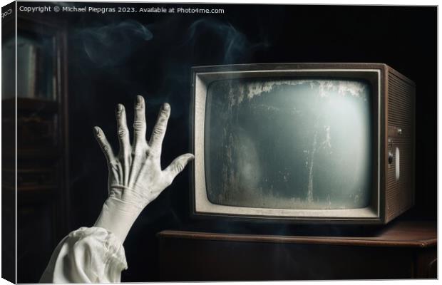 A hand reaching out at an old television created with generative Canvas Print by Michael Piepgras