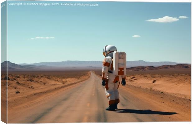 A hitchhiking astronaut on a lonely road created with generative Canvas Print by Michael Piepgras