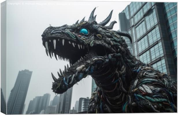 A huge monster made of plastic waste attacking a modern city cre Canvas Print by Michael Piepgras
