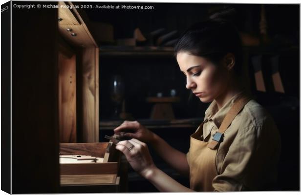 A female craftsman builds a shelf created with generative AI tec Canvas Print by Michael Piepgras
