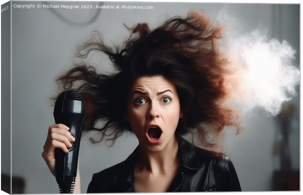 A woman with a very wild hairstyle looks amazed at an exploded h Canvas Print by Michael Piepgras
