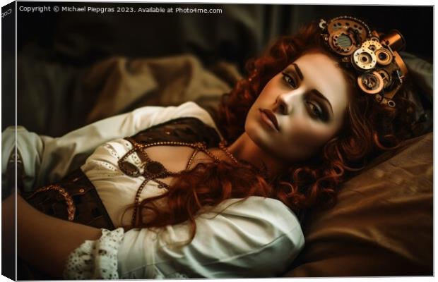 An attractive female steampunk woman cyborg laying on a bed crea Canvas Print by Michael Piepgras