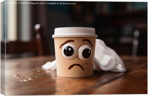 A tired coffee cup with eyes on a kitchen table created with gen Canvas Print by Michael Piepgras