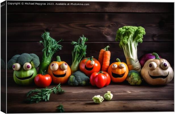 Different happy vegetables with eyes on a wooden background crea Canvas Print by Michael Piepgras