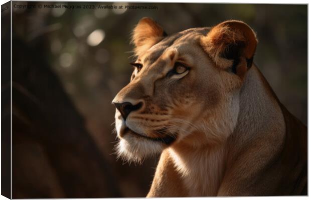 A beautiful lioness portrait created with generative AI technolo Canvas Print by Michael Piepgras
