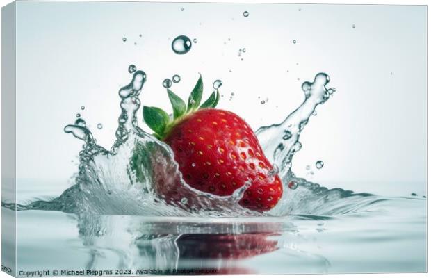 Strawberries falling into water with splashes on a white backgro Canvas Print by Michael Piepgras
