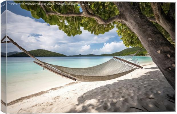 A hammock on a tropical beach created with generative AI technol Canvas Print by Michael Piepgras