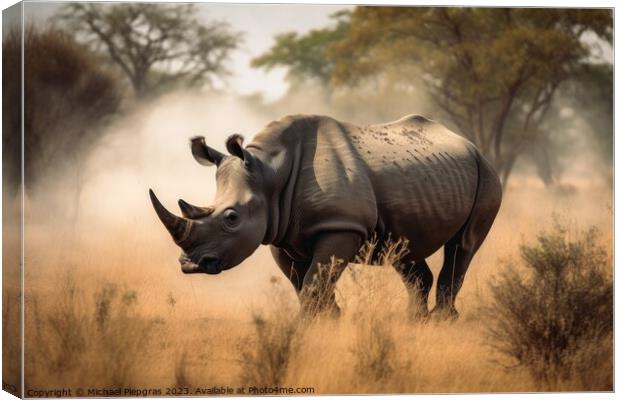 A rhino in the african savannah created with generative AI techn Canvas Print by Michael Piepgras