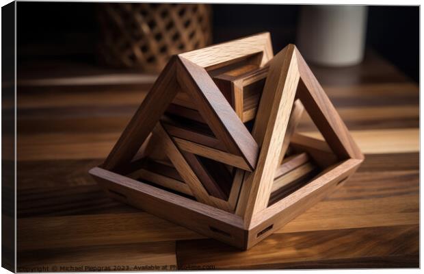 An impossible geometric puzzle made of wood create by generative Canvas Print by Michael Piepgras