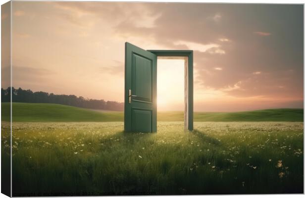 An open door stands in a green landscape created with generative Canvas Print by Michael Piepgras