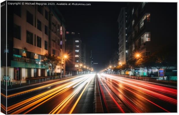 Low angle street view at night with long light trails long expos Canvas Print by Michael Piepgras