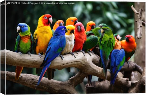 Many colourful different tropical birds sitting together on a br Canvas Print by Michael Piepgras