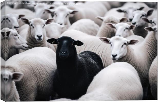 One black sheep in a herd of white sheep. Canvas Print by Michael Piepgras
