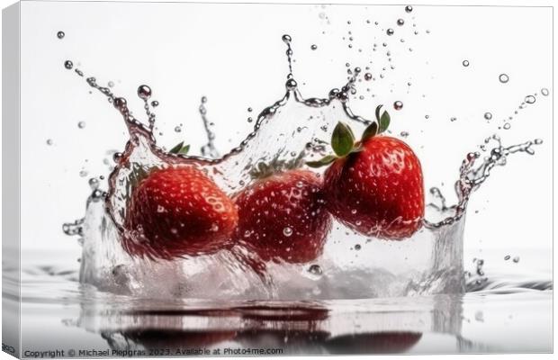 Strawberries falling into water with splashes on a white backgro Canvas Print by Michael Piepgras