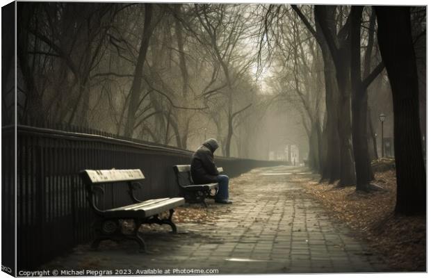 A lonely and sad person sitting on a bench created with generati Canvas Print by Michael Piepgras