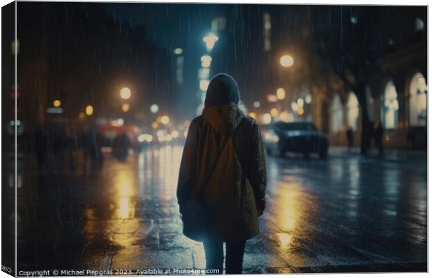 A lonely woman runs around at night in a modern city while it is Canvas Print by Michael Piepgras