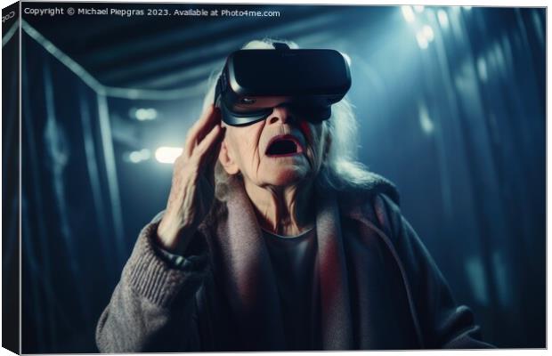 An old woman looking stunned while exploring virtual reality cre Canvas Print by Michael Piepgras