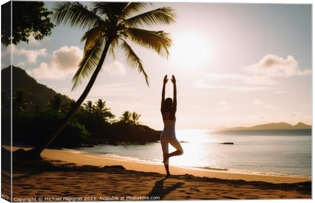 A young woman does yoga in the sun at a tropical beach created w Canvas Print by Michael Piepgras