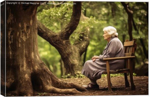 A lonely retired woman on a bench created with generative AI tec Canvas Print by Michael Piepgras