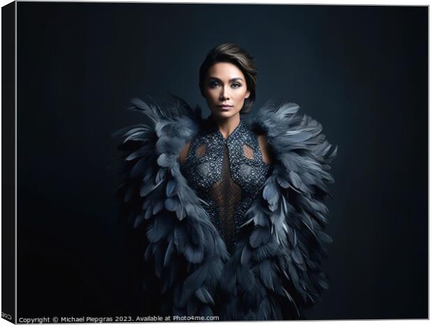 A woman wearing an elegant dress made of feathers created with g Canvas Print by Michael Piepgras