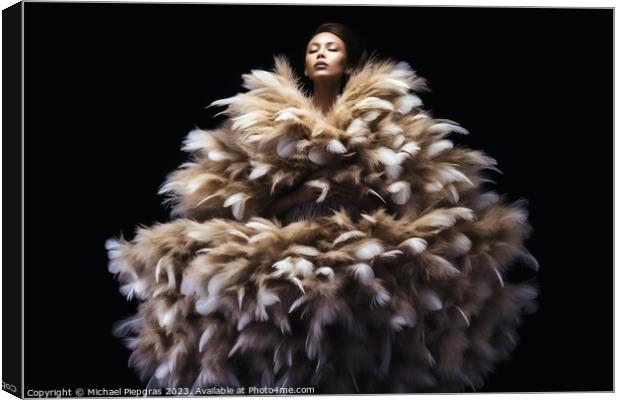 A woman wearing an elegant dress made of feathers created with g Canvas Print by Michael Piepgras