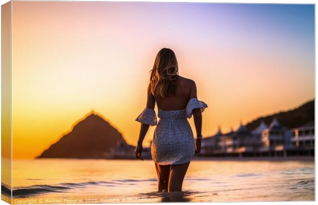 An attractive Woman at a beach during sunset created with genera Canvas Print by Michael Piepgras
