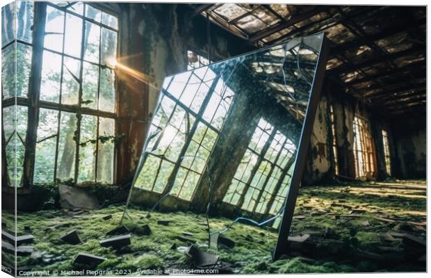 A broken mirror in a lost place created with generative AI techn Canvas Print by Michael Piepgras