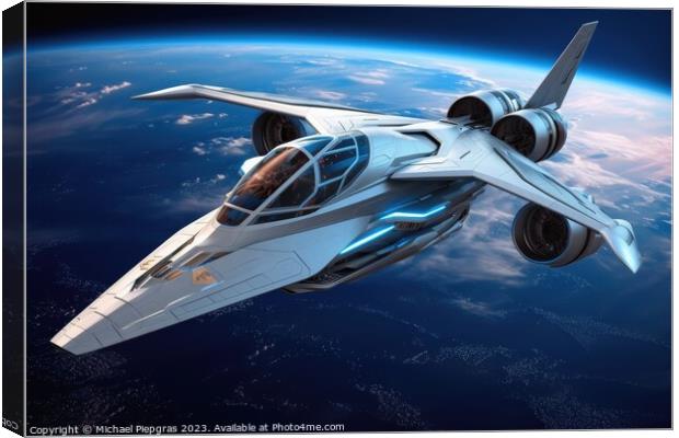 A futuristic aircraft in space with planet earth in the backgrou Canvas Print by Michael Piepgras