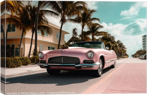 A pink caddilac on a road with palm trees at florida beach creat Canvas Print by Michael Piepgras