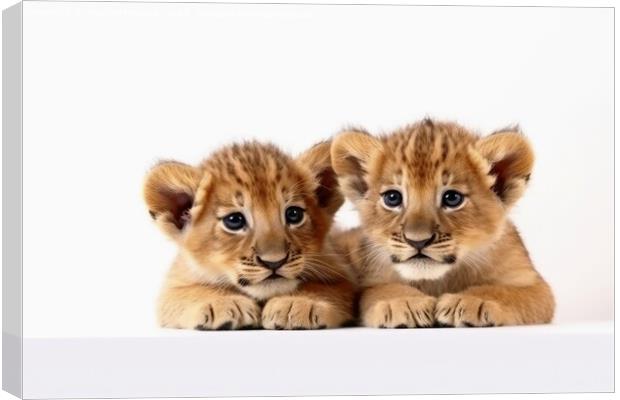 Two cute lion cubs on a white background created with generative Canvas Print by Michael Piepgras