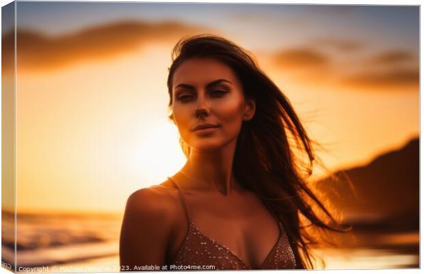 Attractive woman wearing a bikini at the beach during sunset cre Canvas Print by Michael Piepgras