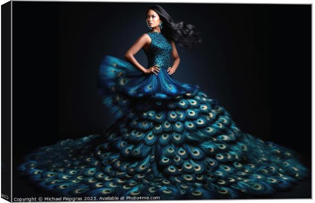 Woman wearing a surreal dress made of peacock feathers created w Canvas Print by Michael Piepgras