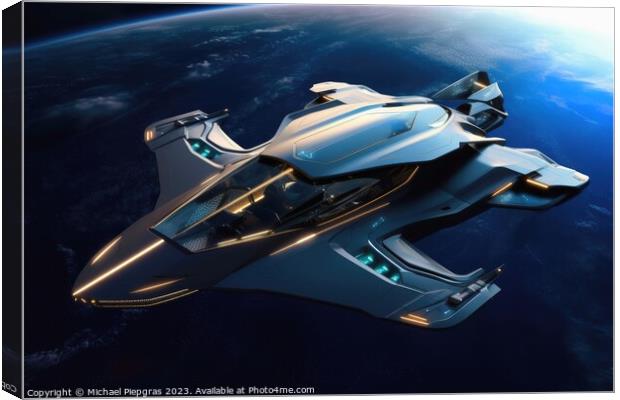 A futuristic aircraft in space with planet earth in the backgrou Canvas Print by Michael Piepgras