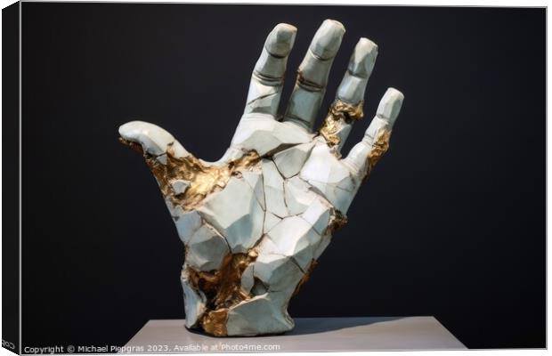 A sculpture of a broken human hand created with generative AI te Canvas Print by Michael Piepgras