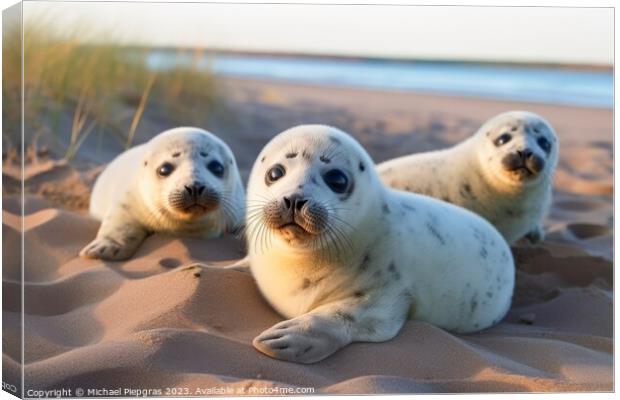 Baby seals on the beach created with generative AI technology. Canvas Print by Michael Piepgras