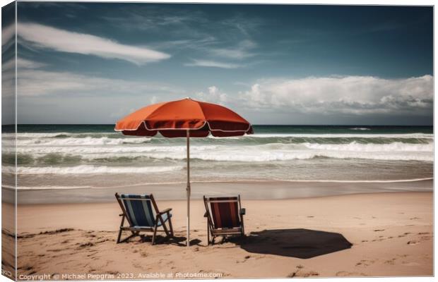 Two beach chairs with a parasol directly on the beach created wi Canvas Print by Michael Piepgras