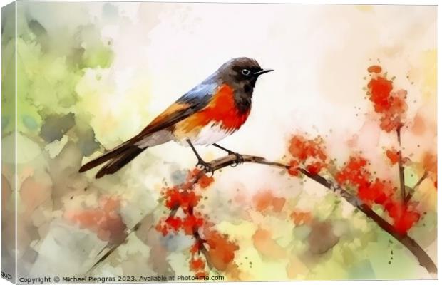 Watercolor painted garden redstart on a white background. Canvas Print by Michael Piepgras