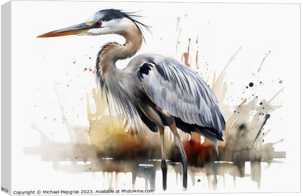 Watercolor painted grey heron on a white background. Canvas Print by Michael Piepgras