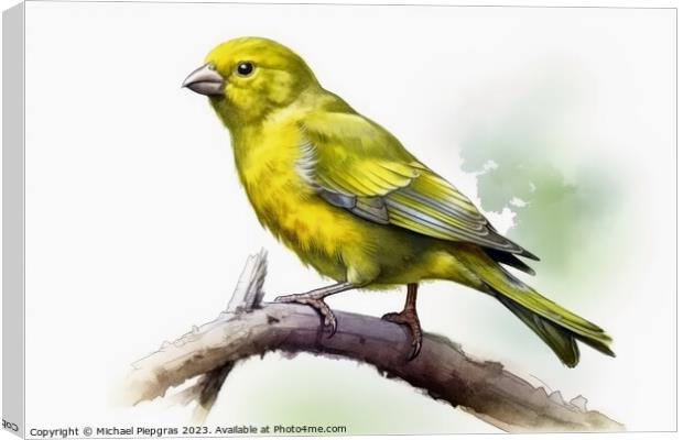 Watercolor painted greenfinch on a white background. Canvas Print by Michael Piepgras