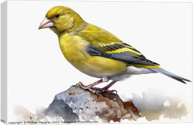 Watercolor painted greenfinch on a white background. Canvas Print by Michael Piepgras