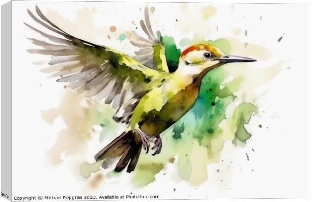 Watercolor painted green woodpecker on a white background. Canvas Print by Michael Piepgras