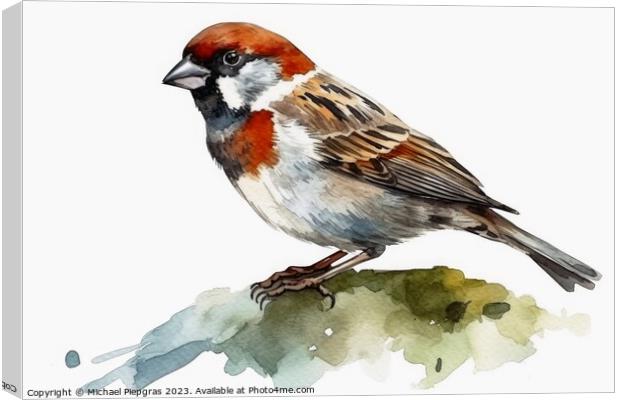 Watercolor painted house sparrow on a white background. Canvas Print by Michael Piepgras