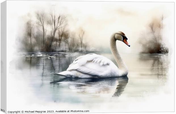 Watercolor painted white swan on a white background. Canvas Print by Michael Piepgras