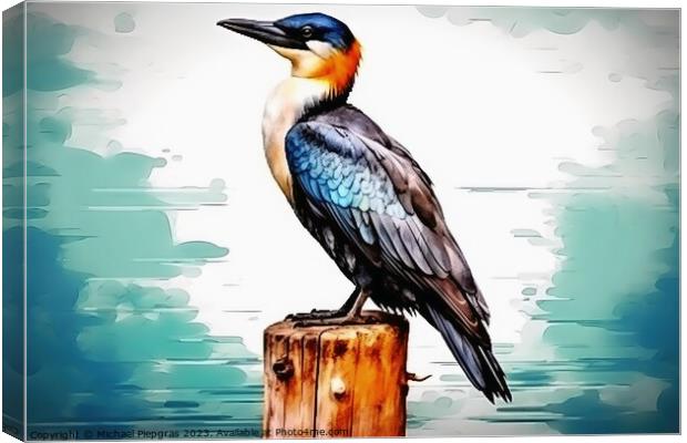 Watercolor painted cormorant on a white background. Canvas Print by Michael Piepgras