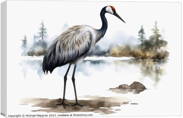 Watercolor painted crane bird on a white background. Canvas Print by Michael Piepgras